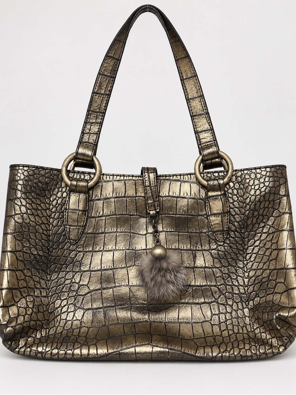Metallic Bronze Croc-Embossed Shoulder Tote with Fur Pom